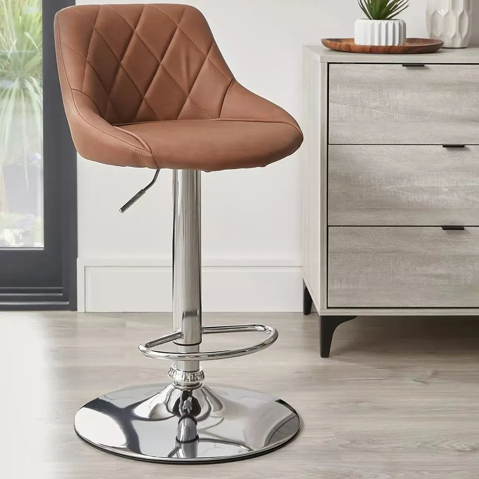 BOXED DIAMOND STITCH FAUX LEATHER BAR STOOL - TAN