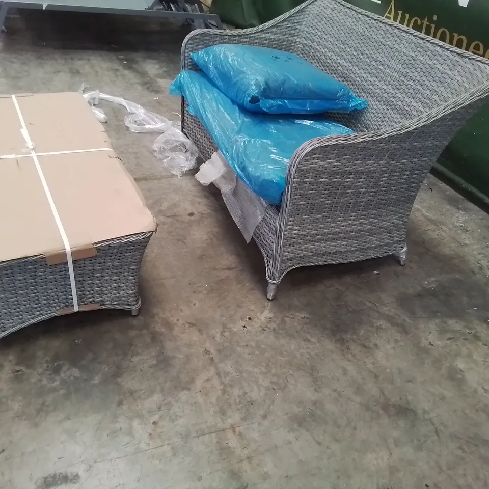 DESIGNER GREY RATTAN COFFEE SET OF TWO SEATER SOFA WITH CUSHIONS & GLASS TOP COFFEE TABLE 