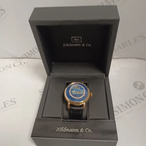 MENS ZIHLMANN & CO AUTOMATIC WATCH β Z150 β MOONPHASE DIAL β GLASS EXHIBITION BACKCASE - SILVER COLOUR CASE β BLACK LEATHER STRAP