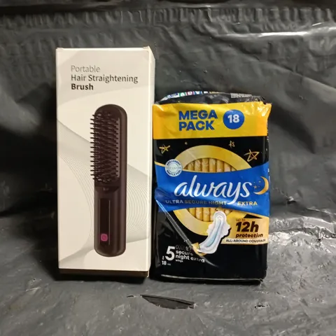 APPROXIMATELY 5 ASSORTED COSMETIC ITEMS TO INCLUDE ALWAYS PADS, HAIR STRAIGHTENING BRUSH, ETC - COLLECTION ONLY