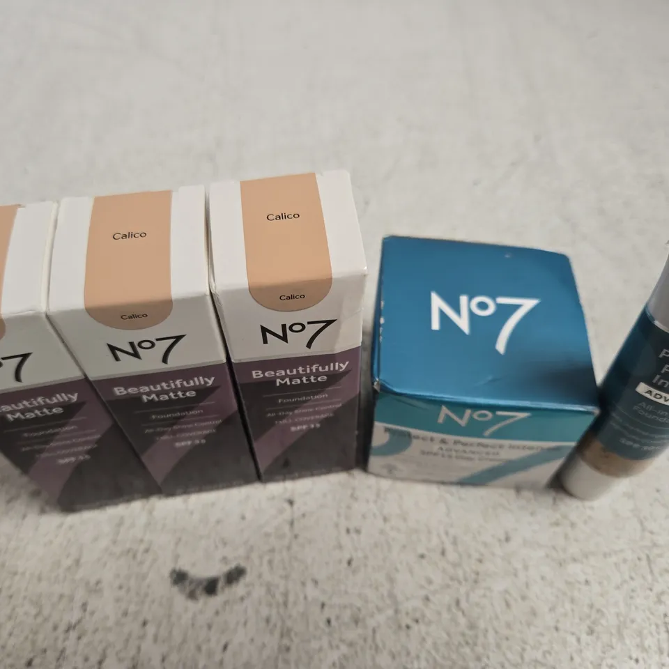 5 ASSORTED NO7 PRODUCTS TO INCLUDE BEAUTIFULLY MATTE FOUNDATION, ADVANCED DAY CREAM, ALL-IN-ONE FOUNDATION