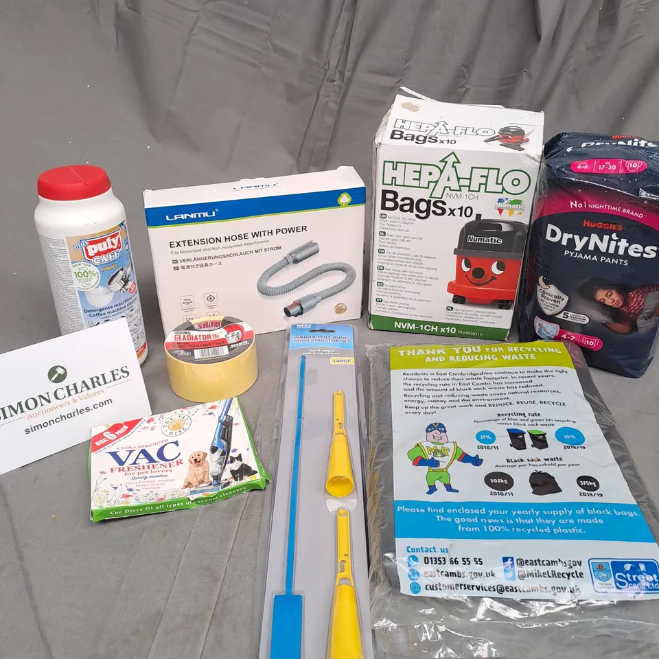 APPROXIMATELY 20 ASSORTED HOUSEHOLD PRODUCTS TO CONTAIN VACUUM BAGS, PULY CAFF POWDER, VAC FRESHENER ETC