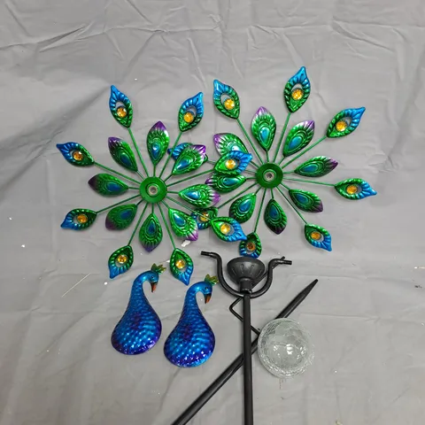 GARDEN PEACOCK WIND SPINNER ORNAMENT WITH FLORAL FAN AND GLASS ORB
