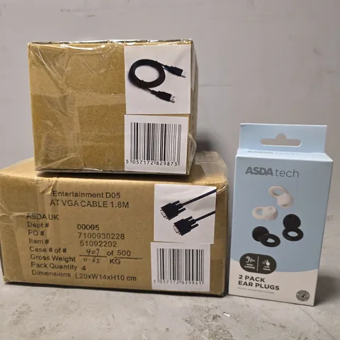 BOX OF APPROXIMATELY 18 ASSORTED ITEMS TO INCLUDE - 2 PACK EAR PLUGS , AT VGA CABLES 1.8M , USB A TO A CABLE ETC