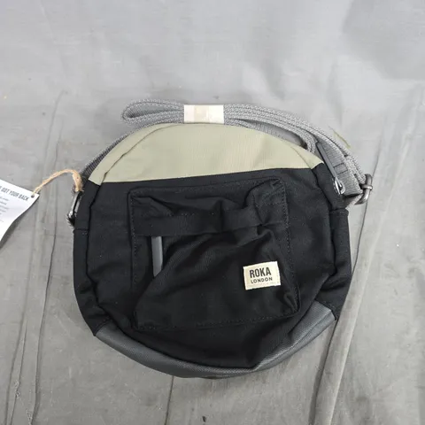 ROKA LONDON ROUND CROSSBODY BAG - BLACK WITH BEIGE PANEL, GREY STRAP