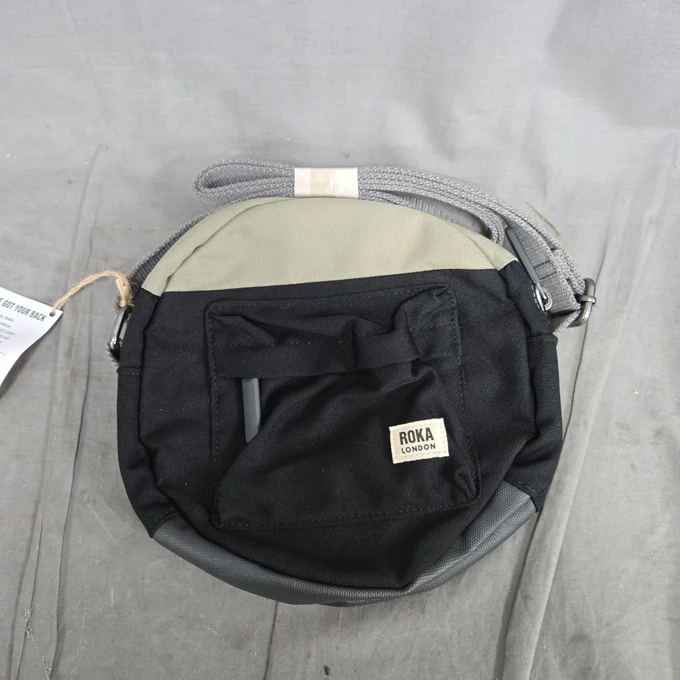 ROKA LONDON ROUND CROSSBODY BAG - BLACK WITH BEIGE PANEL, GREY STRAP