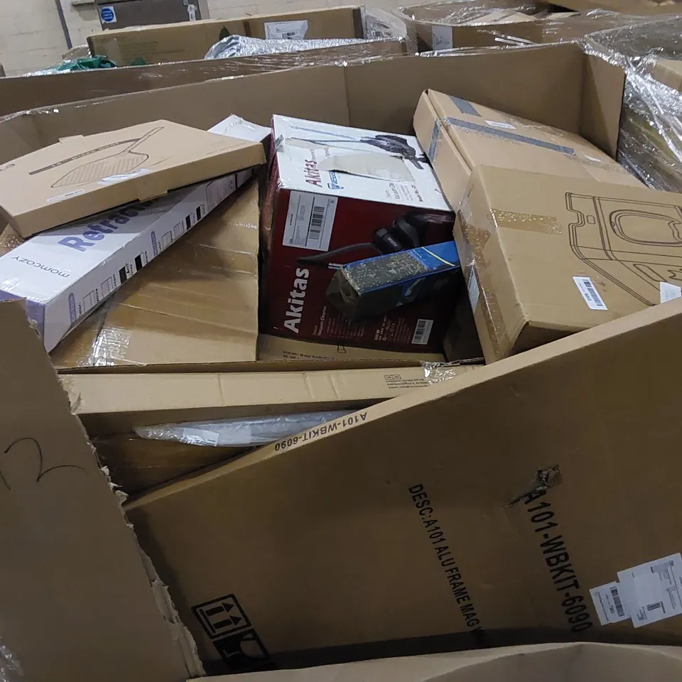 PALLET TO CONTAIN ASSORTED HOUSEHOLD ITEMS AND CONSUMER PRODUCTS. INCLUDING VACUUM CLEANER, PIZZA PEEL, BABY GATE, CAT LITTER BOX ETC
