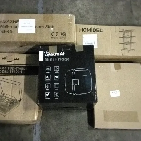 PALLET OF ASSORTED ITEMS INCLUDING HOMIDEC DRYING RACK, ASTROAI MINI FRIDGE, VIFLYKOO VINTAGE TURNTABLE, AMASHEN WALL-MOUNTED BATHROOM SINK, SET OF 2 WHITE PHOTO FRAMES