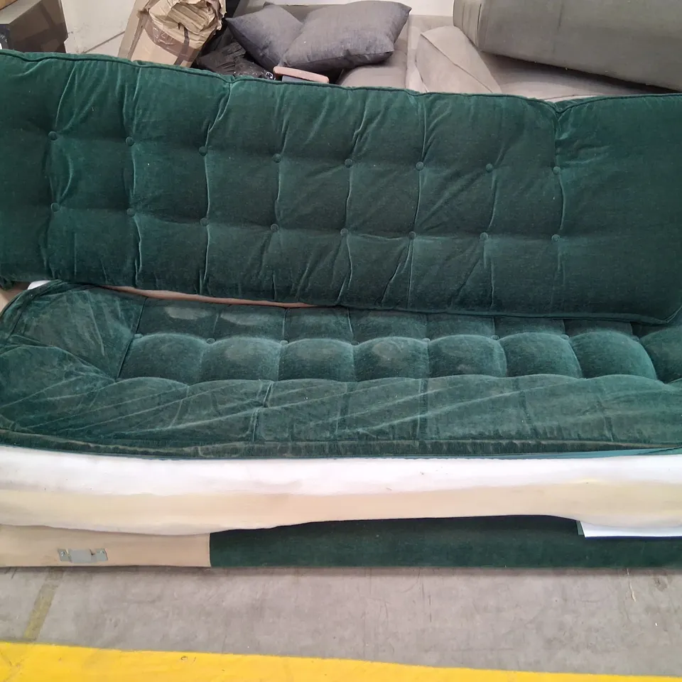 APPROXIMATELY SIX ASSORTED DESIGNER UPHOLSTERY PRODUCTS TO INCLUDE; DESIGNER GREEN FABRIC SOFA SECTION WITH BUTTON DETAIL, FOLDING BED SECTION AND GREY FABRIC SECTION