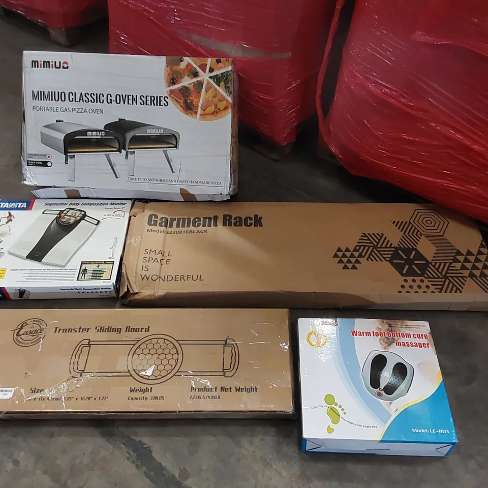 PALLET OF ASSORTED CONSUMER PRODUCTS TO INCLUDE: PORTABLE GAS PIZZA OVEN, GARMENT RACK, TRANSFER SLIDING BOARD, SEGMENTAL BODY COMPOSITION MONITOR, FOOT MASSAGER ECT