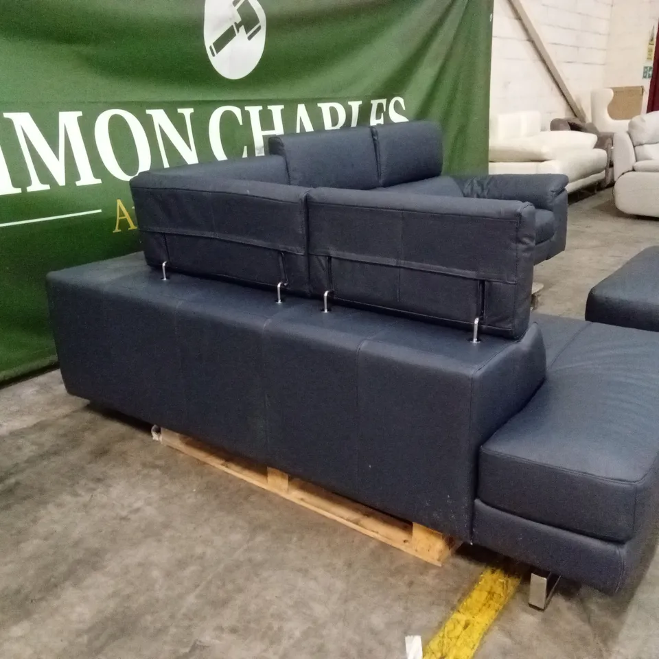 QUALITY DESIGNER ITALIAN MADE CARLO ELECTRIC RECLINING LEATHER CORNER SOFA WITH FOOTSTOOL - BLUE