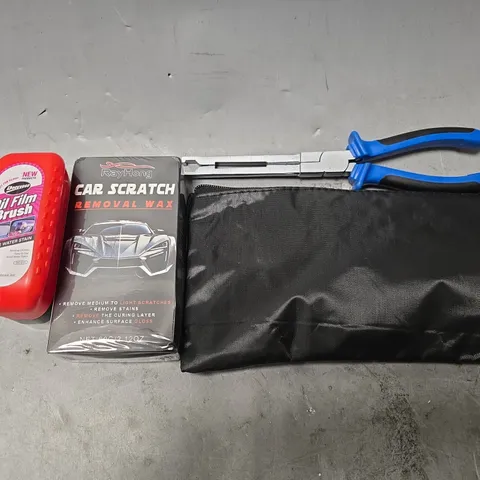 APPROXIMATELY 8 ASSORTED ITEMS TO INCLUDE - OIL FILM BRUSH , CAR SCRATCH REMOVAL WAX , PUNCHER REPAIR KIT ETC
