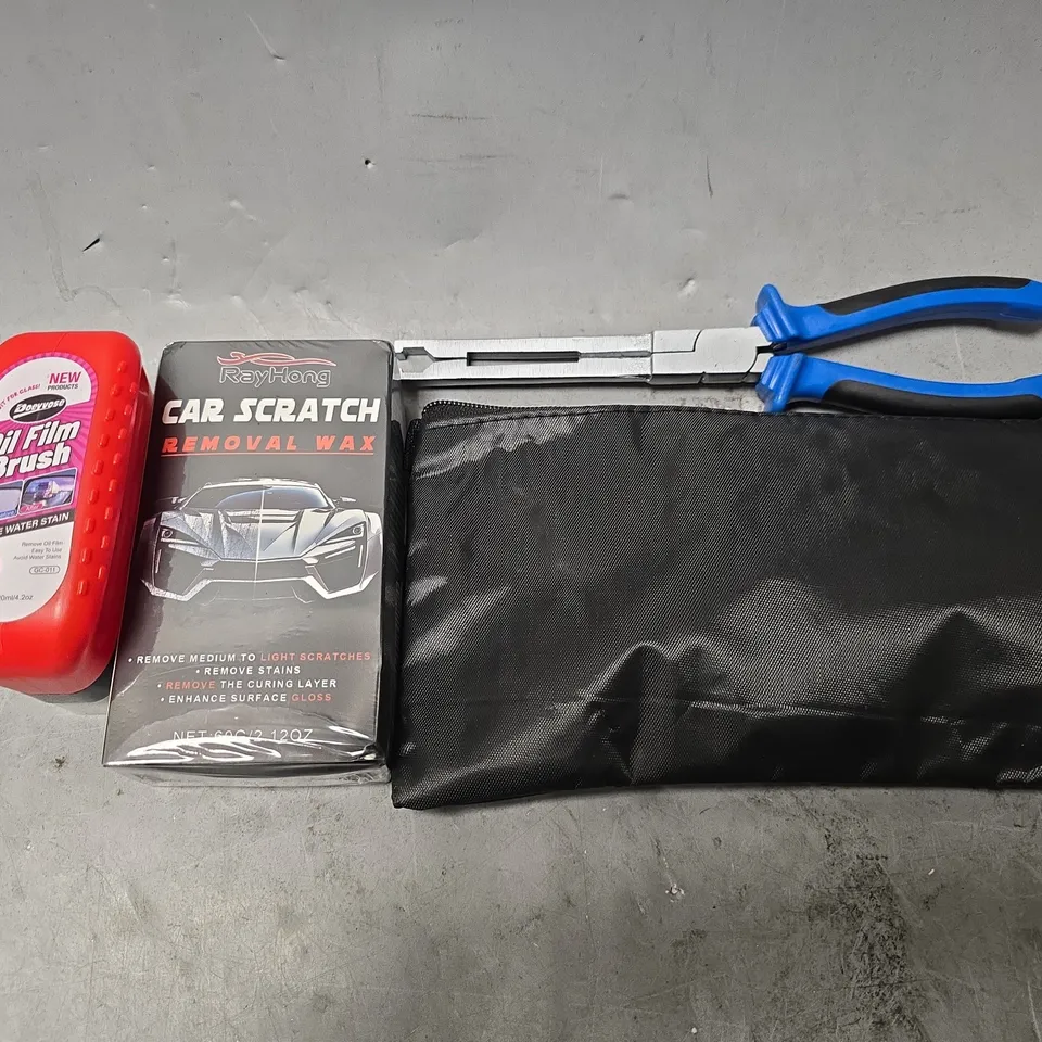 APPROXIMATELY 8 ASSORTED ITEMS TO INCLUDE - OIL FILM BRUSH , CAR SCRATCH REMOVAL WAX , PUNCHER REPAIR KIT ETC