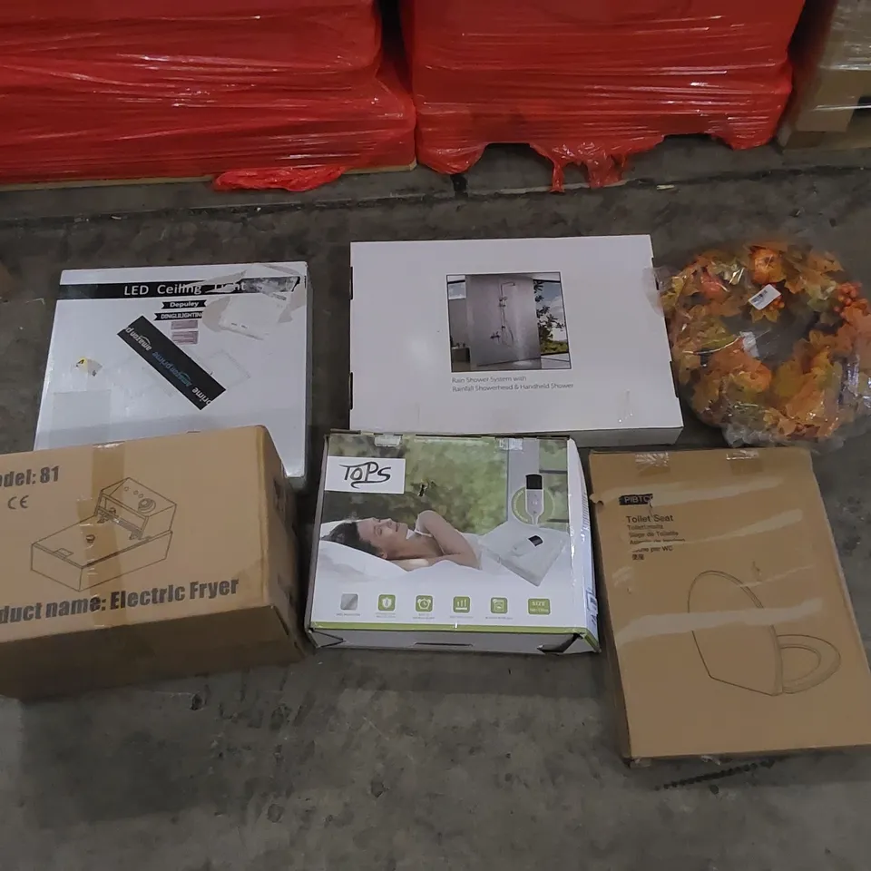 PALLET CONTAINING ASSORTED HOUSEHOLD PRODUCTS. INCLUDES AUTUMN WREATH, TOILET SEATS, ELECTRIC FRYER, HEATED BLANKET, RAIN SHOWER SYSTEM, DOWNRIGHT ETC 