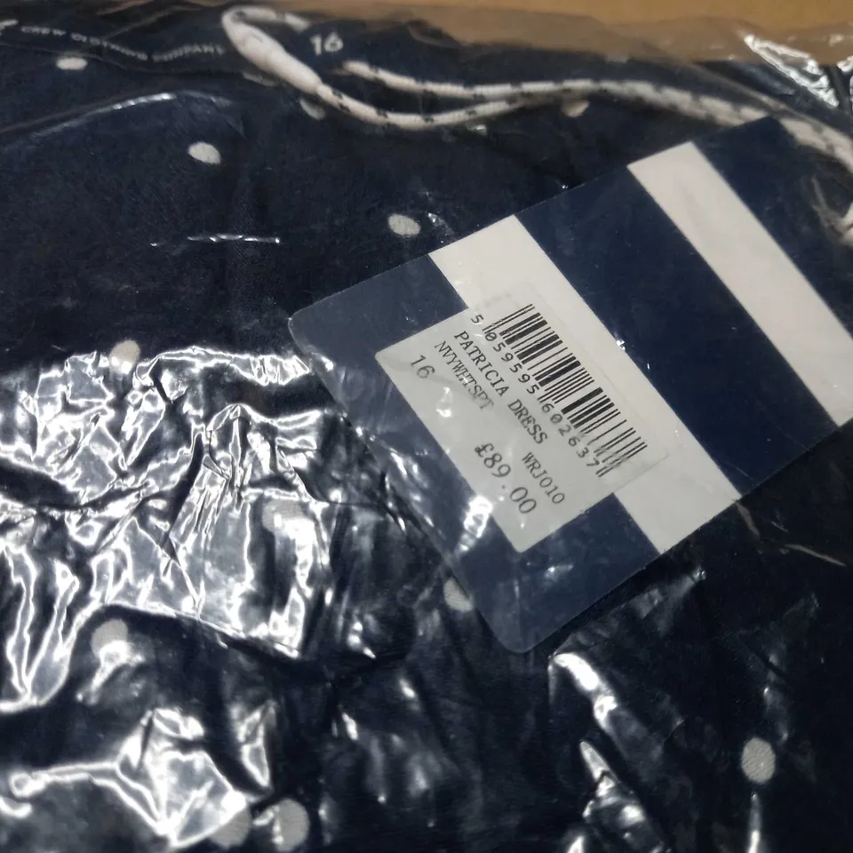 PACKAGED CREW CLOTHING COMPANY NAVY/WHITE SPOT PATRICIA DRESS - SIZE 16