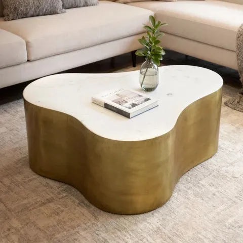 BOXED ORLANDO KENDALL COCKTAIL TABLE WITH MARBLE TOP AND BRASS-FINISHED IRON BASE