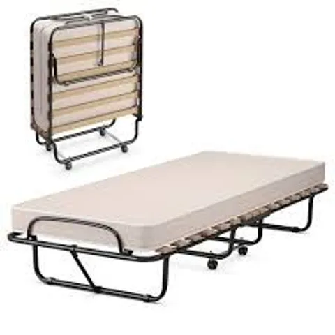 BOXED COSTWAY FOLDING BED WITH MEMORY FOAM MATTRESS, PORTABLE FOLDABLE ROLLAWAY GUEST BED ON WHEELS. METAL FRAME SLATTED COMPACT SINGLE FOLD UP BED OFFICE CAMP SLEEPER FOR ADULTS, 190X80CM, BEIGE