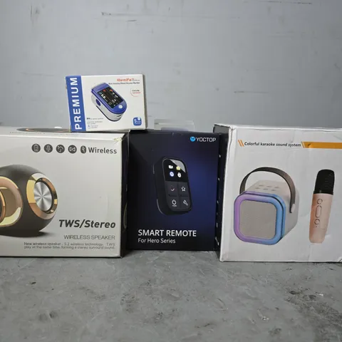 APPROXIMATELY 8 ASSORTED ITEMS TO INCLUDE - X6 WIRELESS TWS STEREO , KARAOKE SOUND SYSTEM , YOCTOP SMART REMOTE ETC