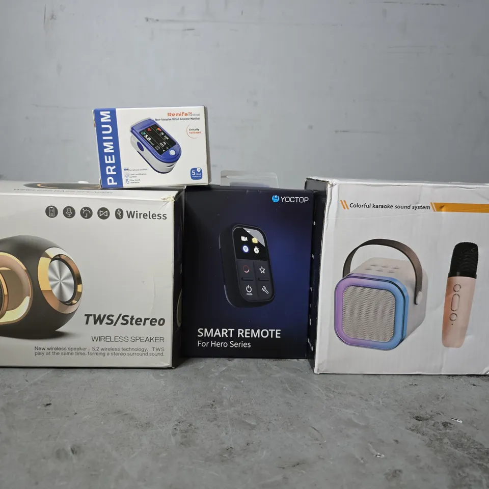 APPROXIMATELY 8 ASSORTED ITEMS TO INCLUDE - X6 WIRELESS TWS STEREO , KARAOKE SOUND SYSTEM , YOCTOP SMART REMOTE ETC