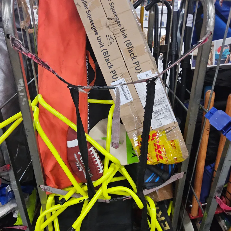 CAGE OF ASSORTED SPORTS EQUIPMENT PARTS (CAGE NOT INCLUDED)