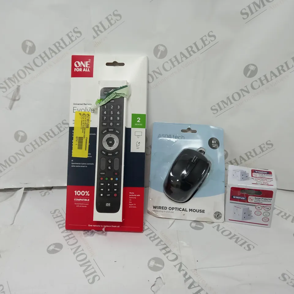 APPROXIMATELY 20 ASSORTED ITEMS TO INCLUDE UNIVERSAL REMOTE, WIRED OPTICAL MOUSE, STATUS 3-WAY SWITCHED ADAPTER ETC. 