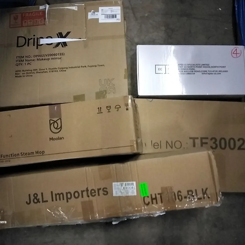 PALLET OF ASSORTED ITEMS INCLUDING MOOLAN MULTI-FUNCTION STEAM MOP, DRIPEX MAKEUP MIRROR, EV CHARGER TYPE 2, PVC PIPE