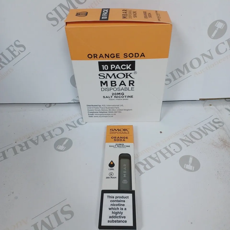 BOX OF APPROXIMATELY 10 BOXES OF ORANGE SODA 10 PACK SMOK M BAR DISPOSABLE 20MG SALT NICOTINE