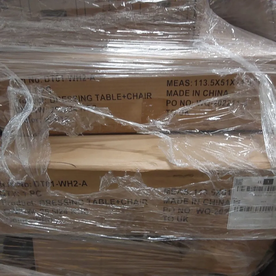 PALLET CONTAINING A LARGE QUANTITY OF ASSORTED CONSUMER PRODUCTS INCLUDING: DRESSING TABLES W/CHAIRS, FOOD PROCESSOR, CAR FRIDGE ECT