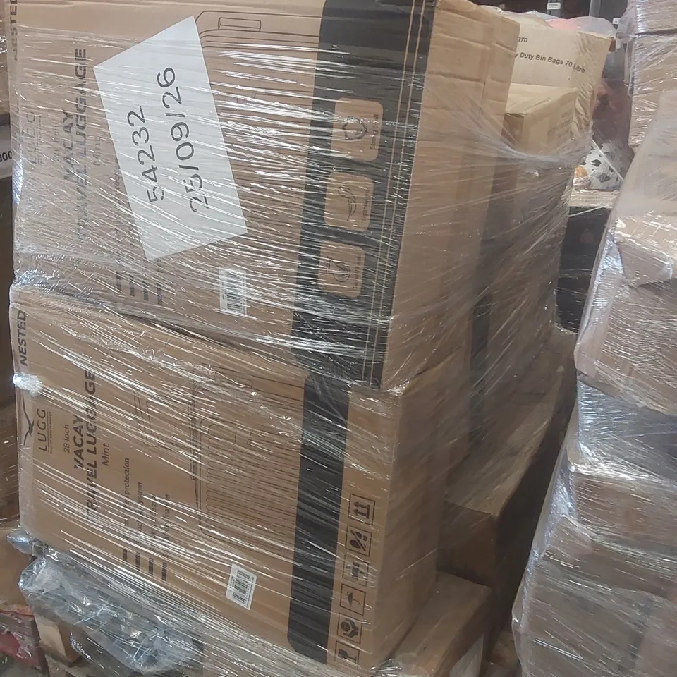 PALLET OF ASSORTED E-COMMERCE GOODS AND PRODUCTS TO INCLUDE: SUITCASES, HEAVY DUTY BIN BAGS, CAMPING WAGON ECT