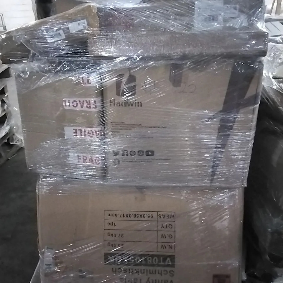 PALLET OF HOUSEHOLD ITEMS TO INCLUDE VANITY TABLE, BATHROOM MIRROR, LED LIGHT AND OTHER ASSORTED ITEMS...