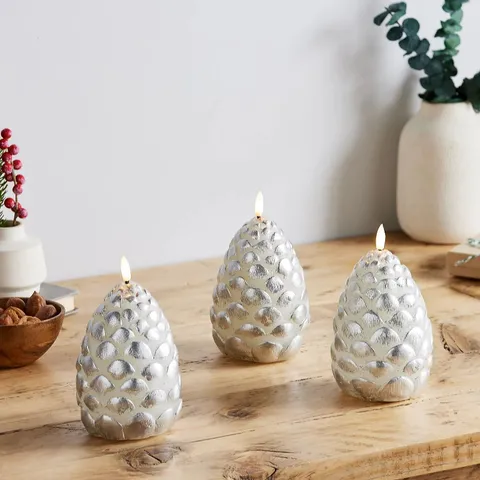 JM BY JULIEN MACDONALD SET OF 3 FLAMELESS PINE CONE WAX CANDLES SILVER