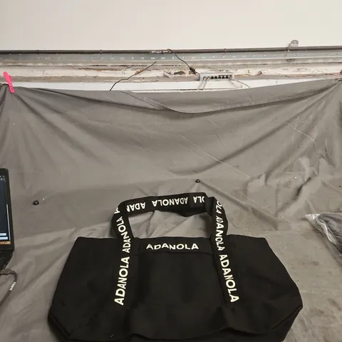 ADANOLA TOTE BAG – BLACK FABRIC WITH BRANDED WHITE TEXT HANDLES