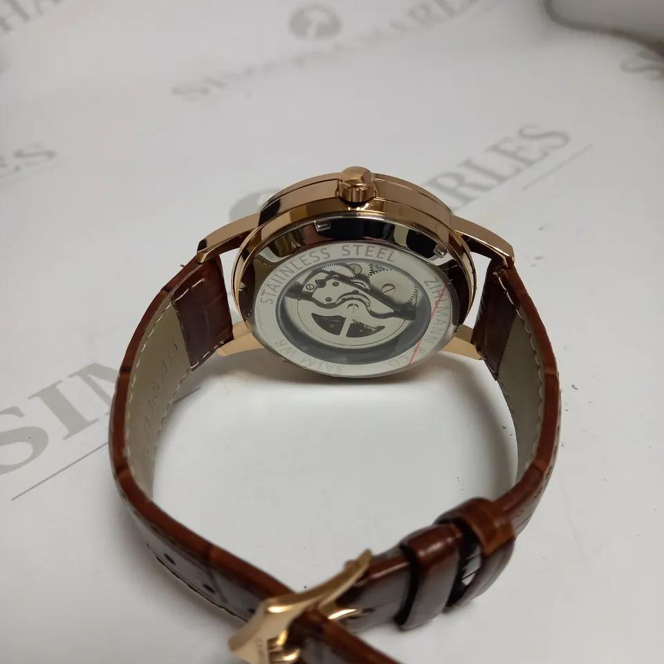 MENS ZIHLMANN & CO AUTOMATIC WATCH - Z210 – SKELETON DIAL – GOLD COLOUR CASE – GENUINE LEATHER – HAND ASSEMBLED 
