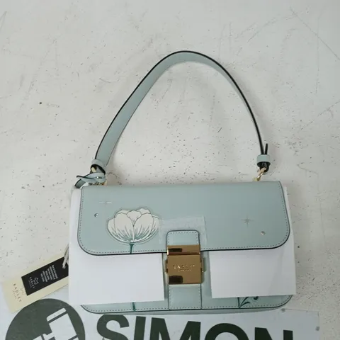 RADLEY LONDON HANDBAG – PASTEL BLUE AND WHITE TWO-TONE WITH FLORAL FLAP AND GOLD CLASP
