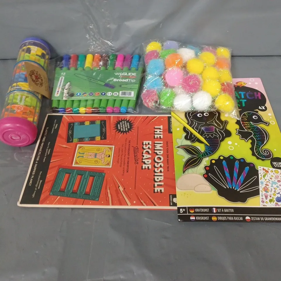 LARGE BOX OF APPROXIMATELY 20 ASSORTED TOYS AND GAMES TO INCLUDE BABY RATTLE,  FELT TIP PENS AND CARD GAMES