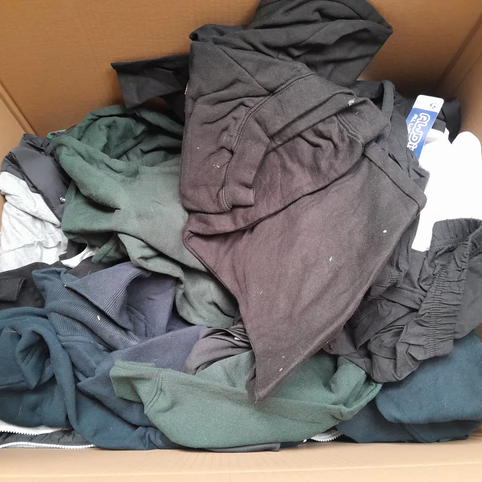 LARGE BOX OF ASSORTED SPORTS CLOTHING ITEMS IN VARIOUS SIZES, COLOURS AND STYLES