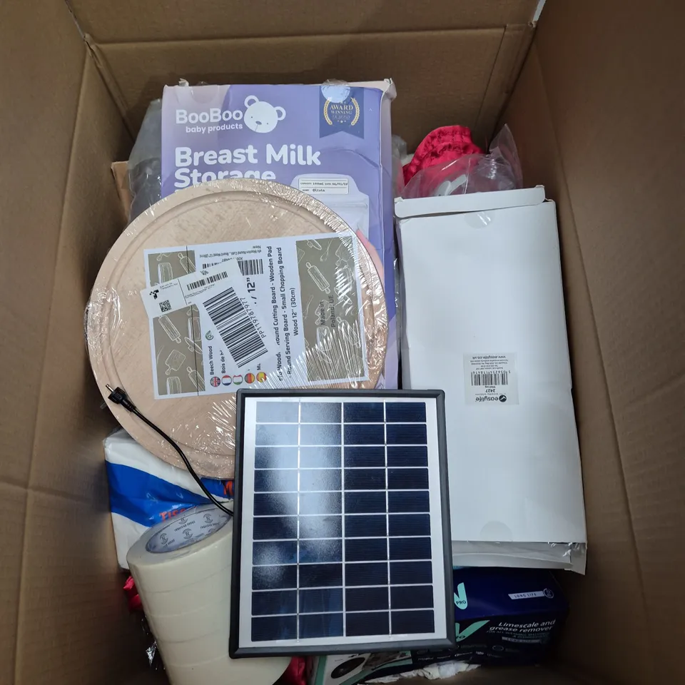 BOX OF ASSORTED HOUSEHOLD ITEMS INCLUDING SOLAR PANEL MODULE, ROUND WOODEN LOOM, BOOBOO BREAST MILK STORAGE BOX & PACKING MATERIALS