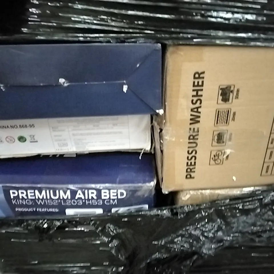 PALLET OF ASSORTED ITEMS INCLUDING EONBON BREAD MAKER, PRESSURE WASHER, GETFIT PREMIUM KING AIR BED, TIKKLE, ELECTRIC SCORING TARGET
