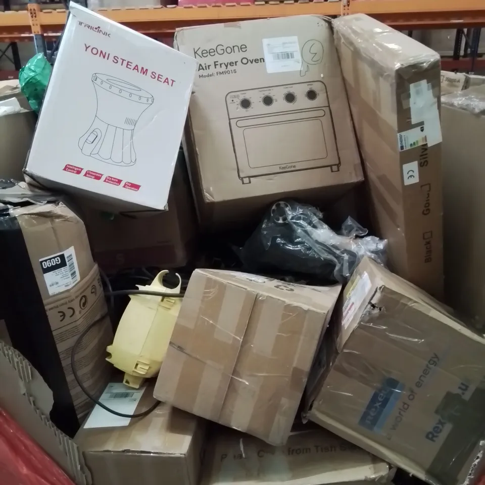 PALLET CONTAINING MIXED BOXED HOUSEHOLD ITEMS TO INCLUDE: AIR FRYER OVEN, YONI STEAM SET, AND LOTS MORE UNMARKED BOXED ITEMS 