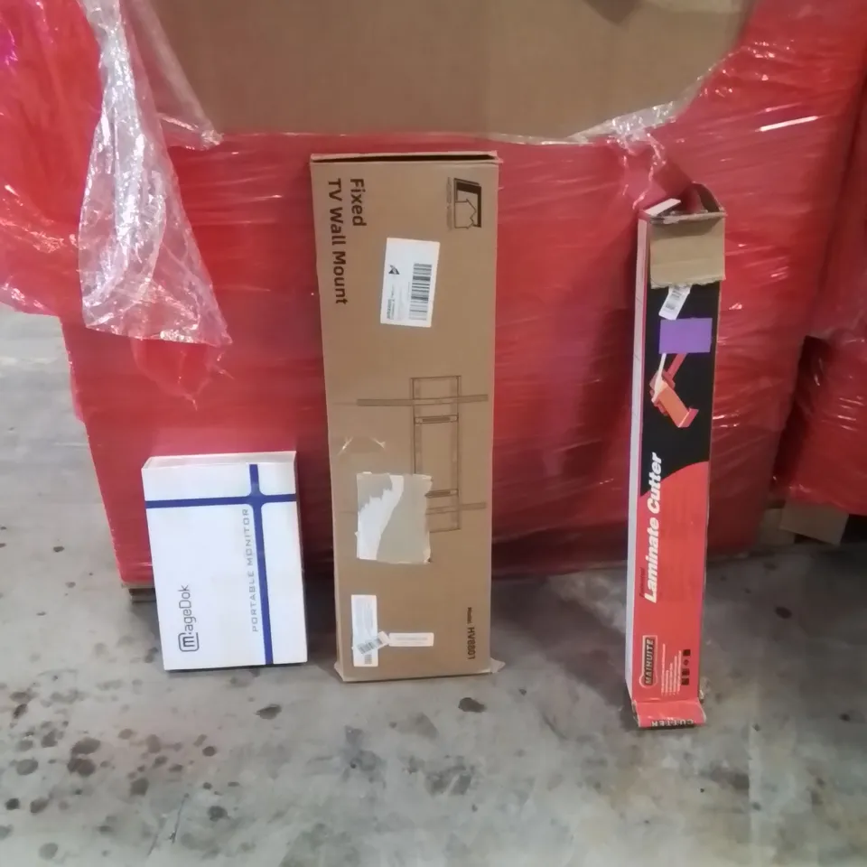 PALLET OF ASSORTED HOUSEHOLD GOODS AND PRODUCTS TO INCLUDE;PORTABLE MONITOR,FLOOR CUTTER,TV WALL MOUNT BRACKET 