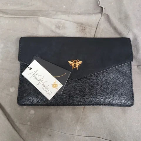 ALICE WHEELER LONDON BLACK CHELSEA CLUTCH WITH GOLD TONE BEE EMBLEM