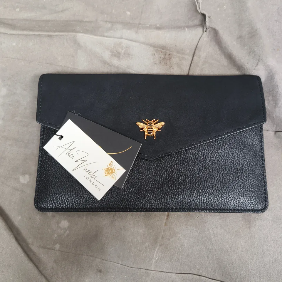 ALICE WHEELER LONDON BLACK CHELSEA CLUTCH WITH GOLD TONE BEE EMBLEM