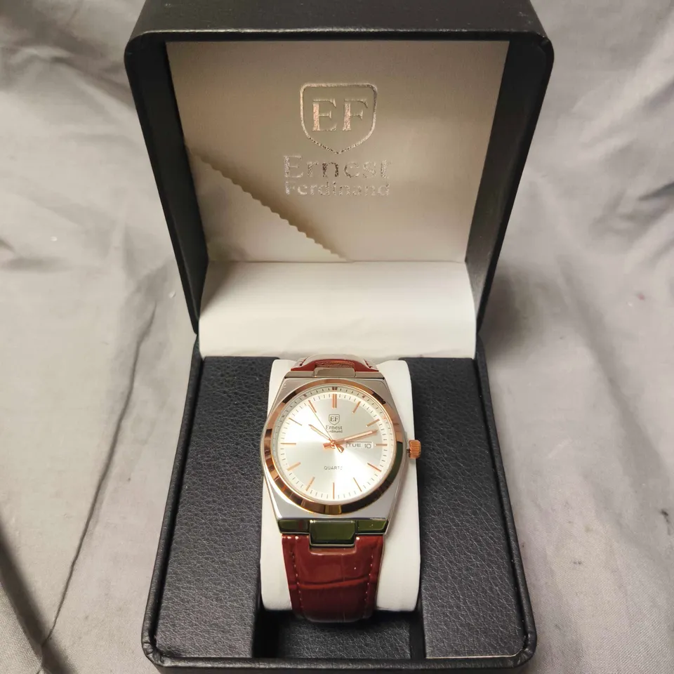 MENS ERNEST FERDINAND WATCH – DAY DATE CALENDAR DIAL – LEATHER STRAP 