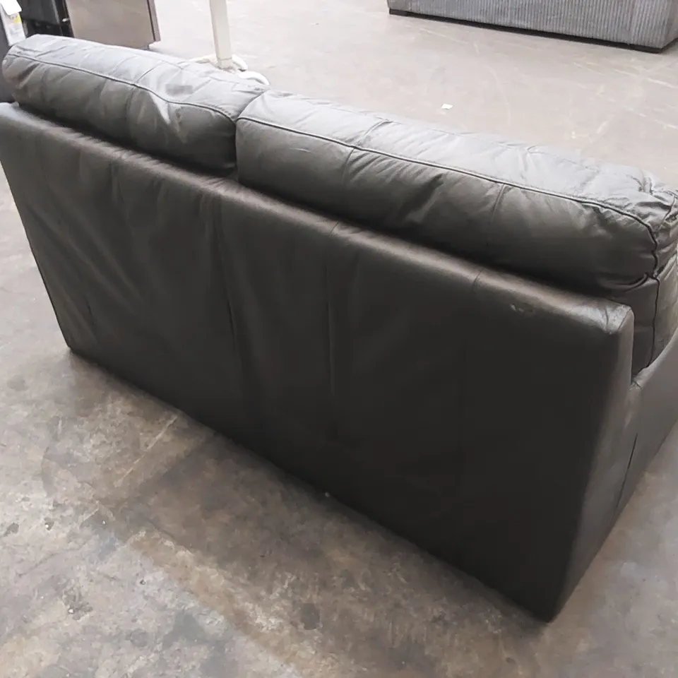 DESIGNER 2 SEATER FAUX GREY LEATHER UPHOLSTERED SOFA