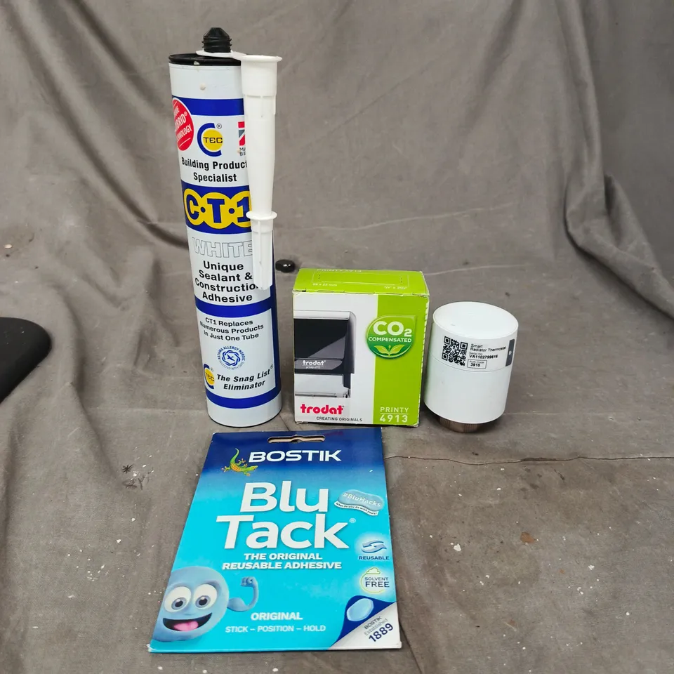 APPROXIMATELY 15 ASSORTED HOUSEHOLD PRODUCTS TO INCLUDE BLU TACK, SOAP INK STAMP AND SMART RADIATOR THERMOSTAT