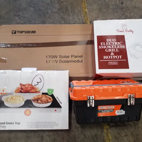 PALLET CONTAINING ASSORTED PRODUCTS INCLUDING 170W SOLAR PANELS, DUO ELECTRIC SMOKELESS GRILL & HOTPOT, 21" ORGANIZED TOOL BOX & GLASS TOP WARMING TRAY