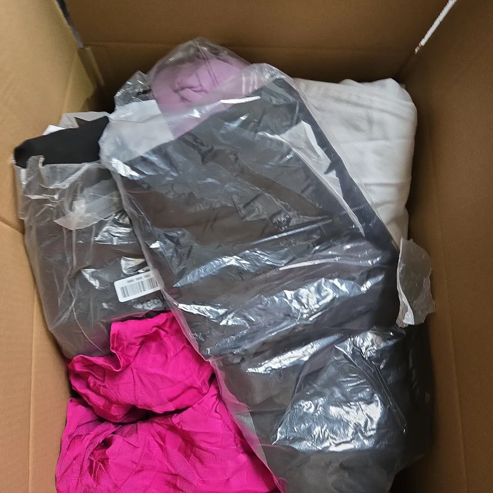 LARGE BOX OF ASSORTED CLOTHING ITEMS IN VARIOUS SIZES, STYLES AND COLOUR 