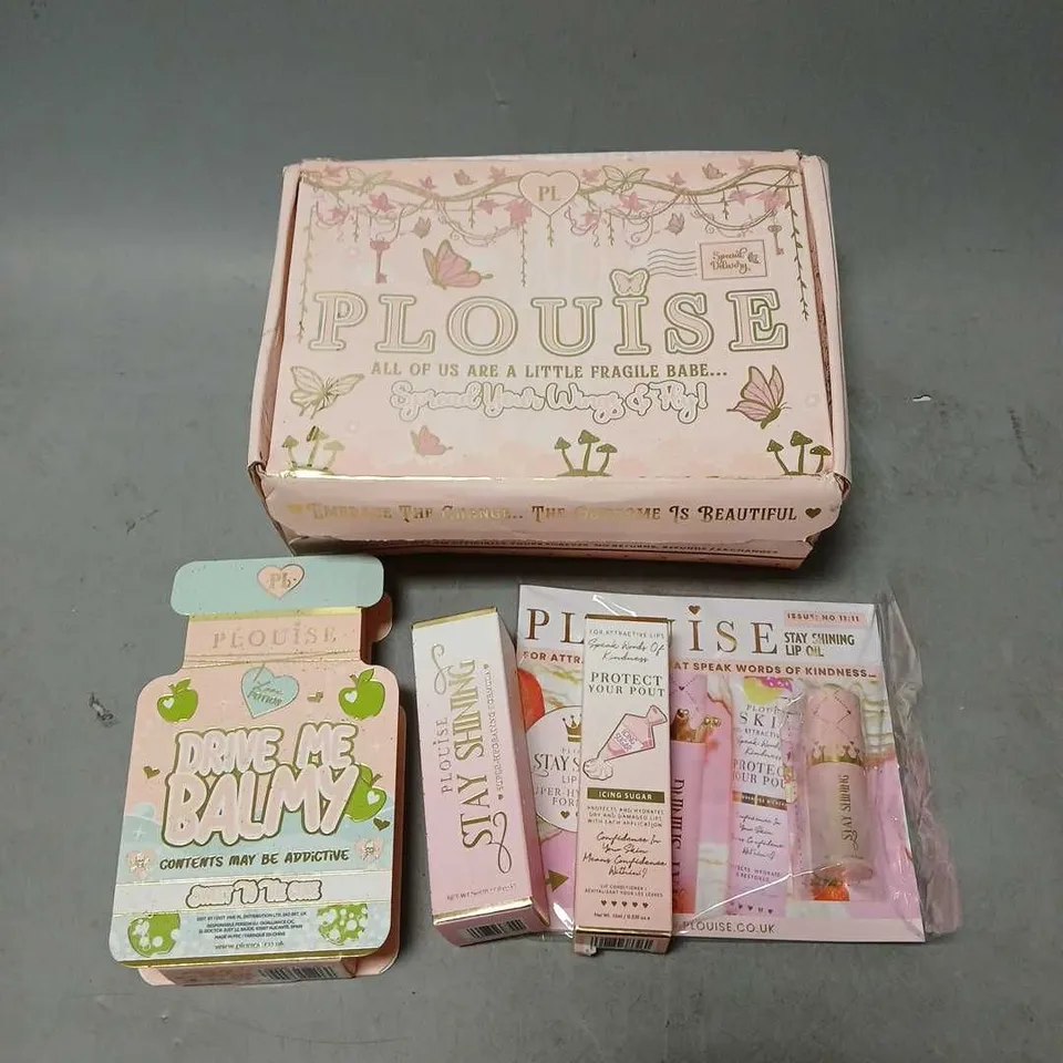 BOXED PLOUISE ASSORTED 3 SKINCARE PRODUCTS TO INCLUDE - DRIVE ME BALMY LIP BALM - STAY SHINING LIP OIL IN HELLO JELLO - LIP CONDITIONER IN ICING SUGAR