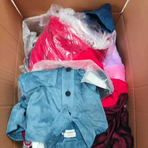LARGE BOX OF APPROXIMATELY 25 ASSORTED CLOTHING ITEMS IN VARIOUS COLOURS, STYLES AND SIZES - COLLECTION ONLY