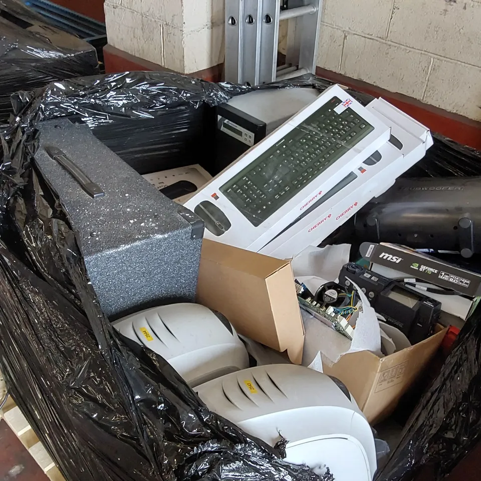PALLET OF ASSORTED ELECTRICALS AND CONSUMER PRODUCTS TO INCLUDE; KB100 KEYBOARD AMPLIFIER, CHERRY KEYBOARD + MOUSE SETS, WHARFEDALE SUBWOOFER ECT.